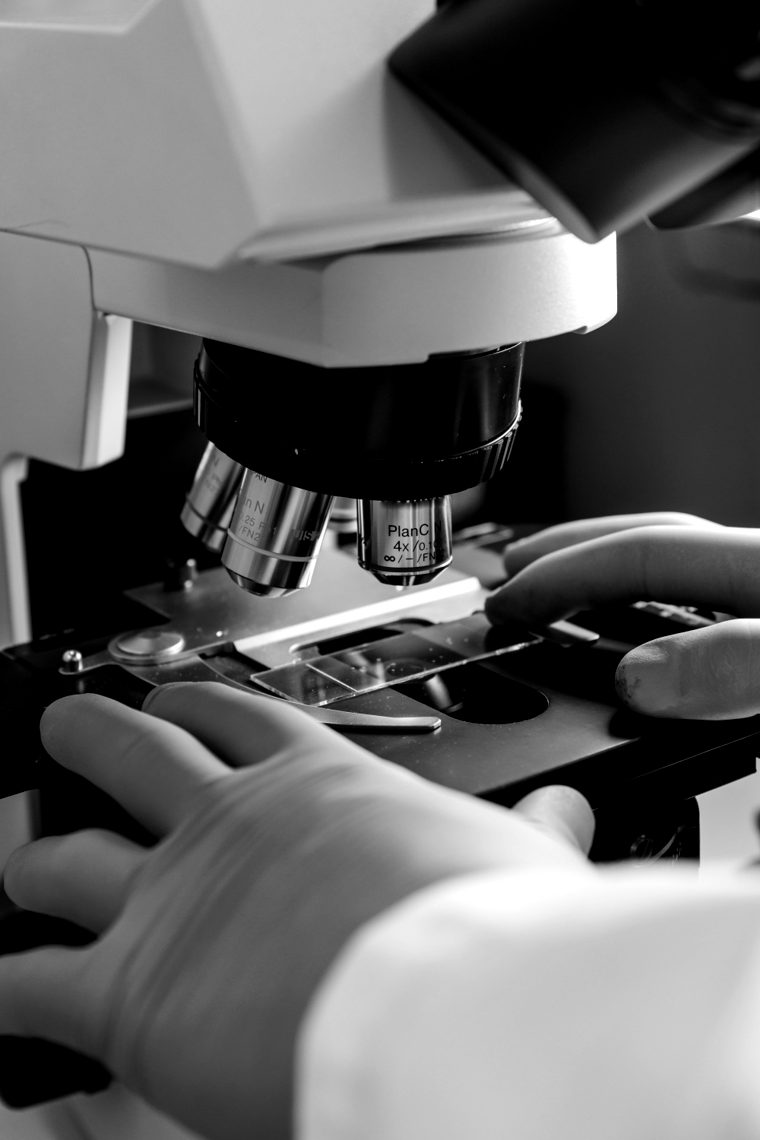 Close inspection of a sample under a laboratory microscope